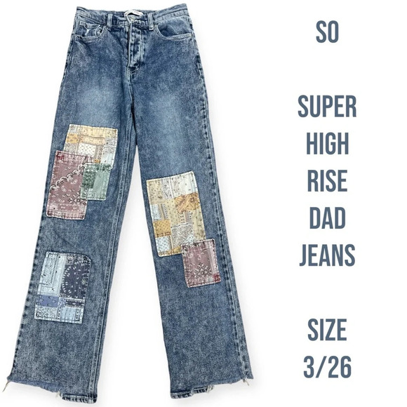 SO super high rise Dad Jeans Bandana Patchwork Denim Jeans size 3/26 - Picture 3 of 13